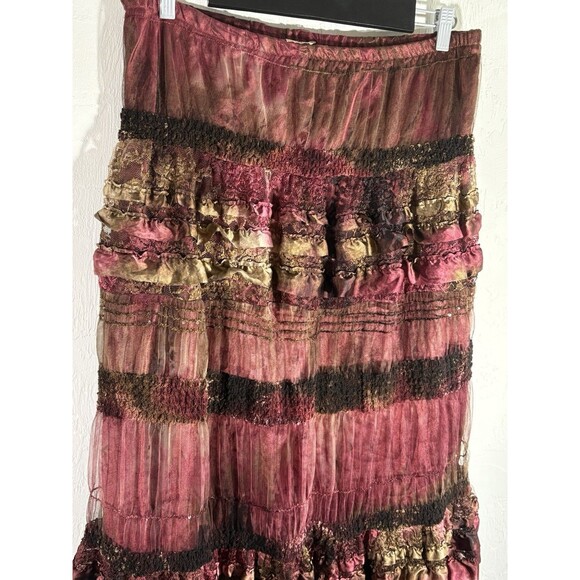 Vintage Mina Collection Boho Lined Lace Sheer Satin Burgundy Frilly Long Skirt L - Picture 9 of 9